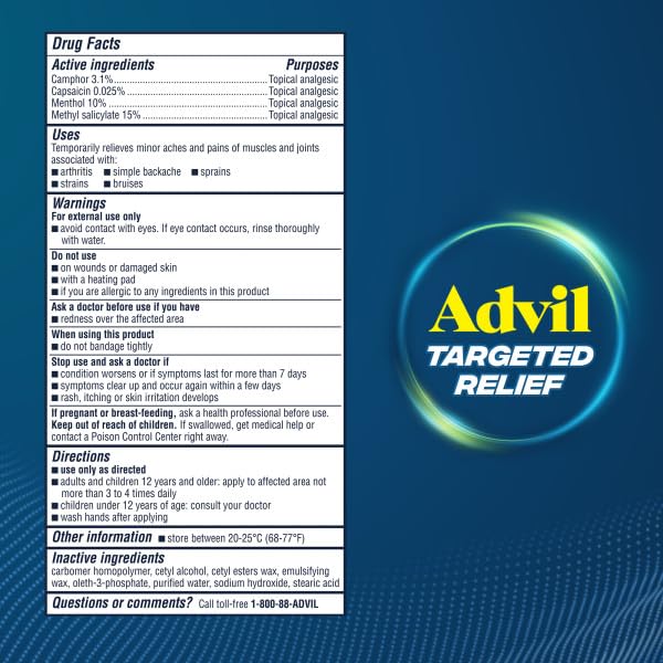 Advil Targeted Relief Pain Relieving Cream with Massage Applicator, Up to 8 Hours of Powerful Relief of Minor Arthritis Pain, Joint Pain, Lower Back Pain and Muscle Pain, 2.5 oz Advil uk supplements