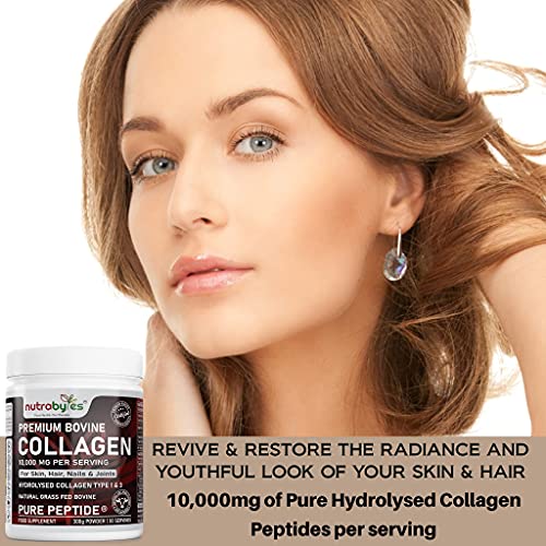 Pure Hydrolysed Collagen Powder 10000mg Bovine Type 1 & 3 Unflavoured|High Strength Protein Peptides for Women & Men NUTRABYTES uk supplements
