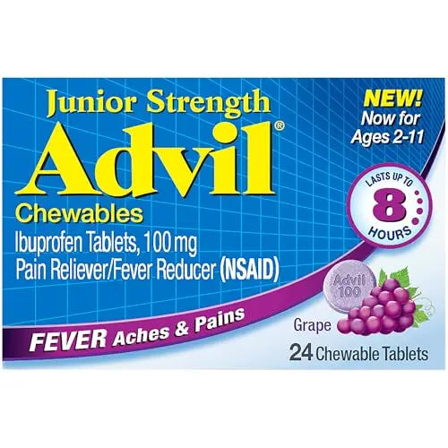 Advil Junior Strength Chewable Ibuprofen Pain Reliever and Fever Reducer, Children's Ibuprofen for Pain Relief, Grape - 24 Tablets (Pack of 3) Advil uk supplements