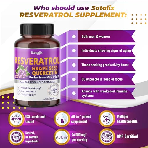Resveratrol 24,000mg with Grape Seed + Quercetin Berberine + Milk Thistle Powerful Anti SOTALIX SUPPLEMENT uk supplements