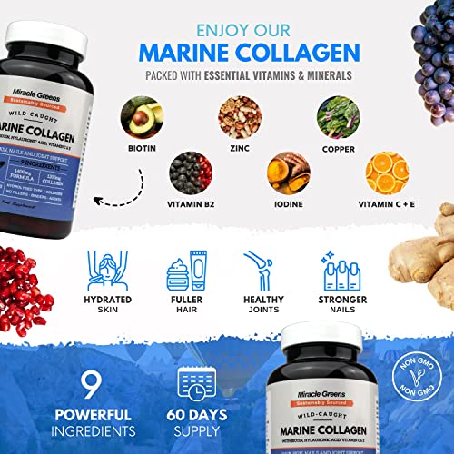 Marine Collagen 1400mg | 120 Capsules with Biotin, Hyaluronic Acid, Vitamin C, E, B2, Zinc, Copper & Iodine Miracle Greens uk supplements