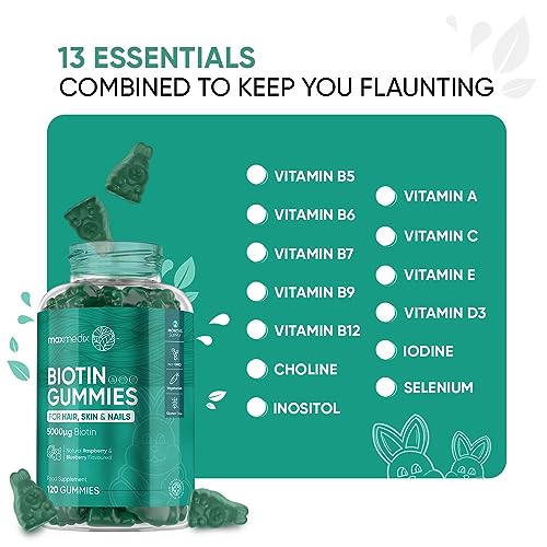 Biotin Gummies 5000mcg - with Vitamin A, B, C, D, E & Selenium – 120 Hair Nails and Skin maxmedix uk supplements