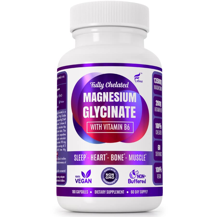 Folona Magnesium Glycinate with Vitamin B6 Research Proven to Enhance Absorption, 1350mg Fully Chelated - Supports Sleep, Stress Relief, Energy, Muscle Cramps - Gluten Free, NonGMO, 180 Vegan Capsules FOLONA uk supplements