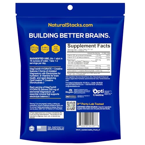 NATURAL STACKS Magtech Magnesium Hydrate + Creatine - Sugar Free Electrolyte Drink - Magtein Magnesium L-Threonate, Glycinate & Taurate - Supports Hydration & Cellular Energy - 14 Hydration Packets NATURAL STACKS uk supplements