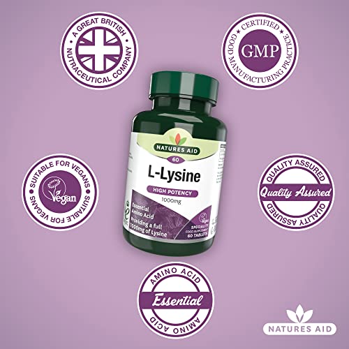 Natures Aid L-Lysine 1000 mg, High Potency Essential Amino Acid, Vegan, 60 Tablets natures aid uk supplements