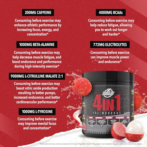 High IQ Nutrition 4 in 1 Lychee Flavored Pre Workout Powder 200mg Caffeine | Energy, Focus High IQ Nutrition uk supplements