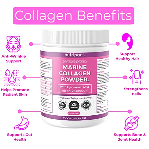 Hydrolysed Marine Collagen Peptides Powder with Hyaluronic Acid, Biotin, Vitamin C & B Vitamins – 10,000mg Collagen nutripact uk supplements