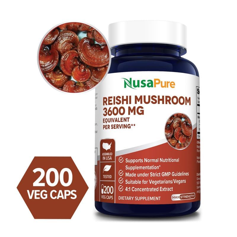 NusaPure Reishi Mushroom 4:1 Extract, 900 mg Equivalent to 3,600mg per Capsule 200 Veggie Caps Vegan, Non-GMO, Gluten-Free NusaPure uk supplements