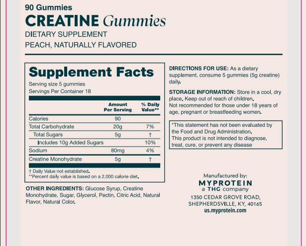 Myprotein Creatine Gummies, 5g Creatine Monohydrate per Serving, Peach, 90 Count, 18 Servings, Chewable Post/Pre Workout Strength & Recovery Sports Nutrition Supplement, Vegan, Non-GMO Myprotein uk supplements