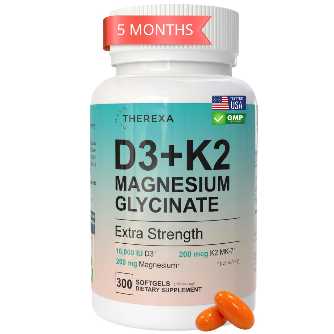 THEREXA Vitamin D3 K2 Magnesium Supplement - Extra Strength with 10000 IU Vitamin D3, Magnesium Glycinate and 200 mcg K2 MK-7 Vitamin Supplements Complex, for Women & Men - 300 Softgels THEREXA uk supplements