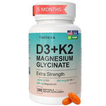 THEREXA Vitamin D3 K2 Magnesium Supplement - Extra Strength with 10000 IU Vitamin D3, Magnesium Glycinate and 200 mcg K2 MK-7 Vitamin Supplements Complex, for Women & Men - 300 Softgels THEREXA uk supplements