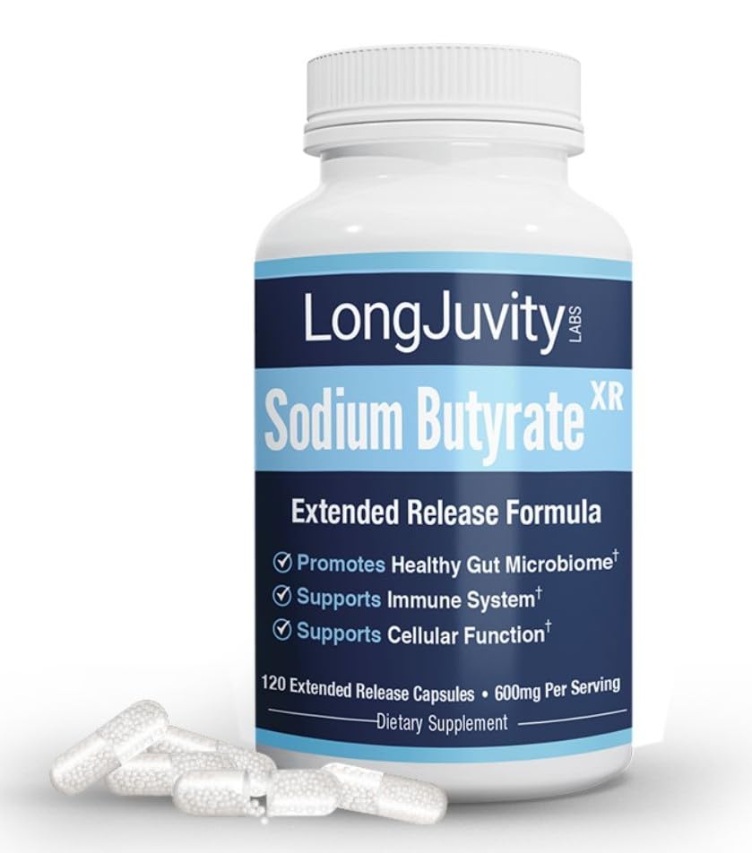 LongJuvity Sodium Butyrate Supplement (300mg) - Optimal Gut Health for Men & Women - Digestion Support & Leaky Gut Repair - Postbiotic Short Chain Fatty Acid, Lab Tested (120 Extended Release Caps) LongJuvity Labs uk supplements