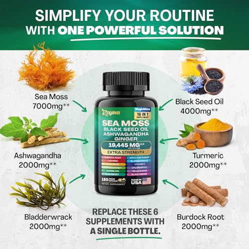 Sea Moss 7000mg Black Seed Oil 4000mg Ashwagandha 2000mg Turmeric 2000mg Zoyava uk supplements