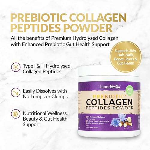 Prebiotic Collagen Powder - 390g Hydrolysed Bovine Collagen Peptides with Prebiotics for Gut Health & Skin Inner Vitality uk supplements