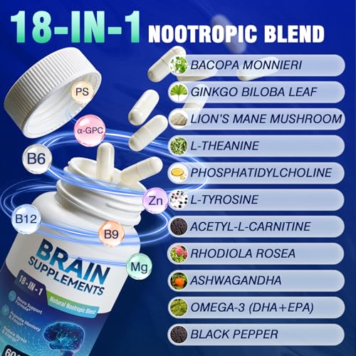 18-in-1 Brain Supplement for Memory and Focus – Nootropic Capsules with Alpha GPC, Bacopa, Ginkgo Biloba, Lion's Mane, Vitamin B6 & B12 | Cognitive Health, Mental Clarity | Vegan, Non-GMO Fenolutra uk supplements