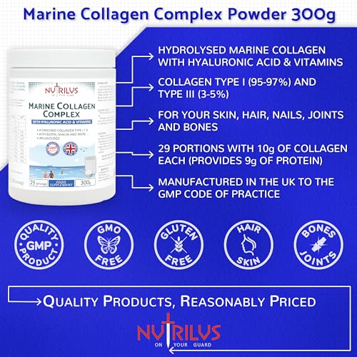 Hydrolysed Marine Collagen Powder 300g with Hyaluronic Acid and Vitamins - 29 Servings Nutrilus uk supplements