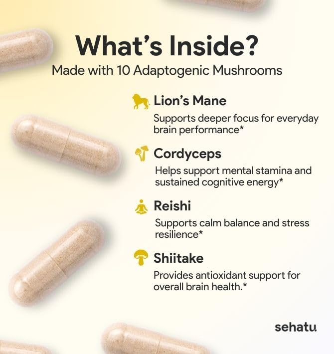 SEHATU Clarity Plus Cognitive Wellness Supplement | Packed with 10 Powerful Adaptogenic Mushrooms | Clear Brain Fog and Support Mental Clarity | 60 Count | 30 Day Supply SEHATU uk supplements