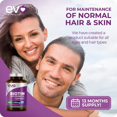 Biotin Hair Growth Supplement 12,000mcg with Coconut Oil | 400 High Strength Tablets EVO NUTRITION uk supplements