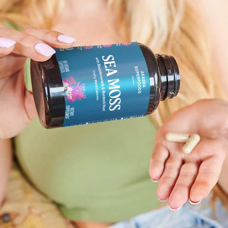 Akasha Superfoods Sea Moss Capsules, Organic Irish Moss with Bladderwrack Root, Burdock Root, and BioPerine, Skin, Thyroid, Digestion & Immunity Support for Women & Men, Gluten Free, Vegan, 60 Count Akasha Superfoods uk supplements