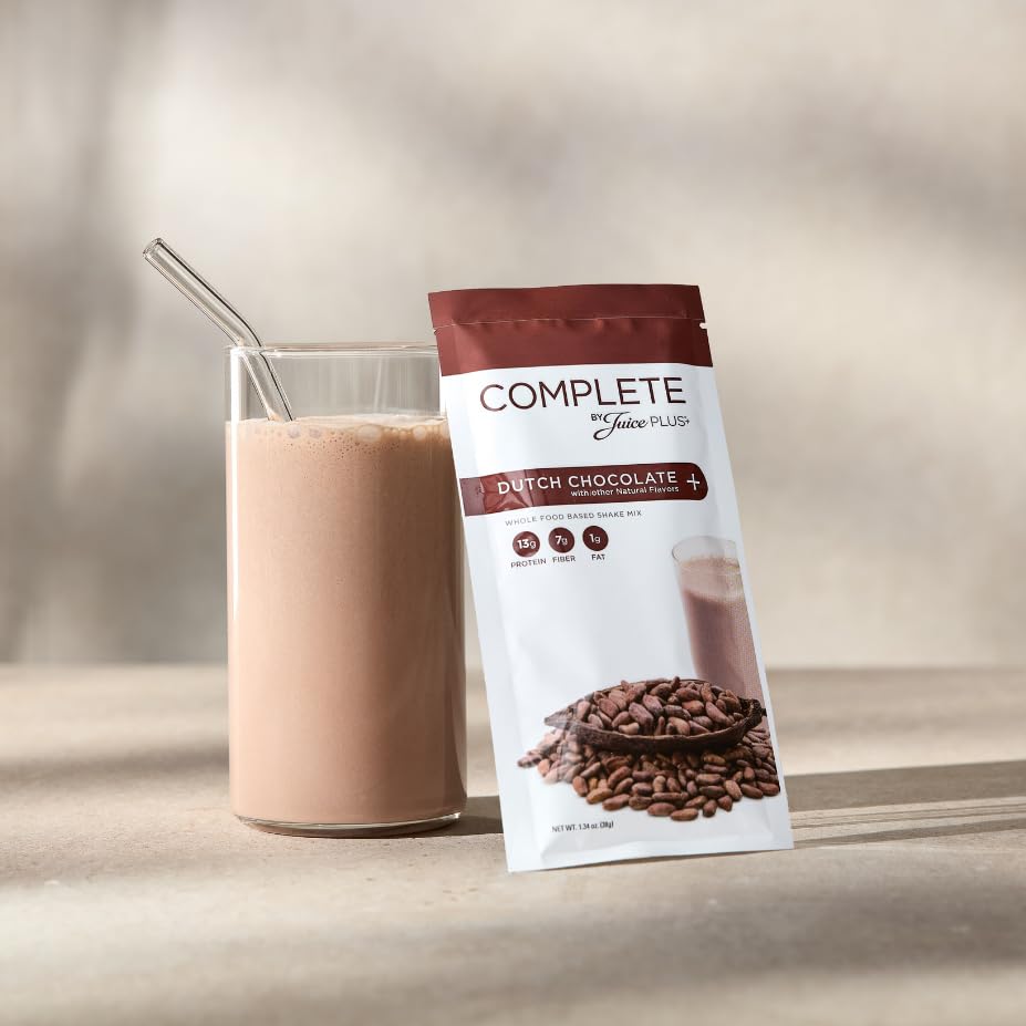 Complete by JuicePlus+ Dutch Chocolate Shakes - Plant-Based Nutrition - Whole Food Based Shake Powder with Protein, Fiber & Prebiotics - 30 Servings (2 Pouches, 15 Servings Each) Juice Plus+ uk supplements