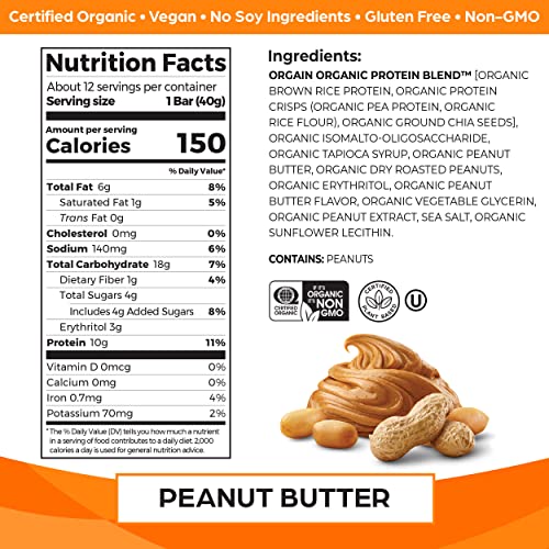 Orgain Organic Vegan Protein Bars, Peanut Butter - 10g Plant Based Protein Orgain uk supplements