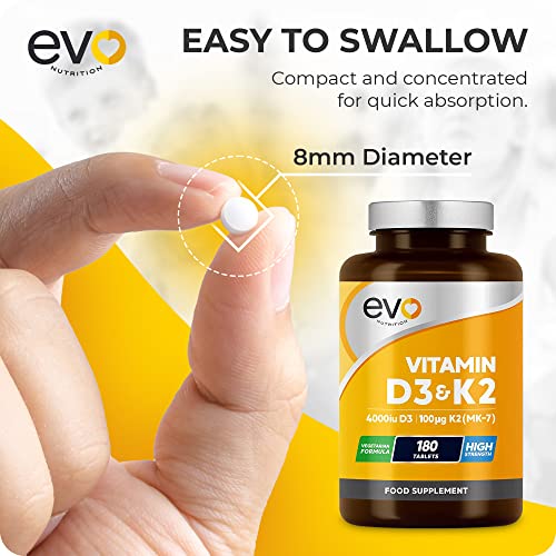 Vitamin D3 4000iu & Vitamin K2 100ug (MK7) |180 Vegetarian Tablets | 1-A-Day | 6 Month EVO NUTRITION uk supplements