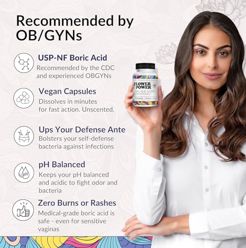 Flower Power Vegan Boric Acid Suppositories - 30 Capsules - 600mg for Vaginal Odor and pH Balance Flower Power uk supplements