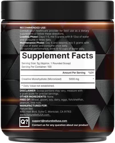 NatureBell Creatine Monohydrate Powder 500 Grams, 5000mg Per Serving NatureBell uk supplements
