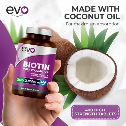 Biotin Hair Growth Supplement 12,000mcg with Coconut Oil | 400 High Strength Tablets EVO NUTRITION uk supplements