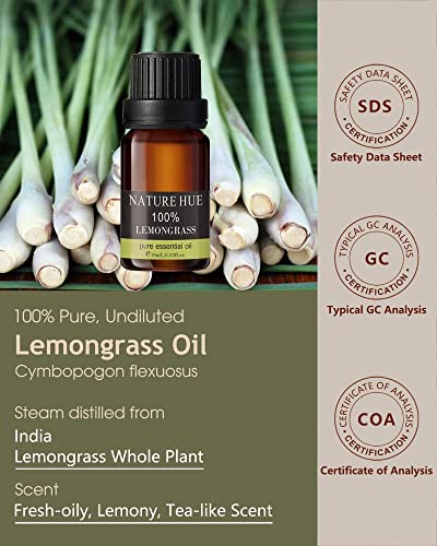 NATURE HUE Lemongrass Essential Oil - 10 mL (1/3 oz) - Pure, Natural, Therapeutic Grade NATURE HUE uk supplements