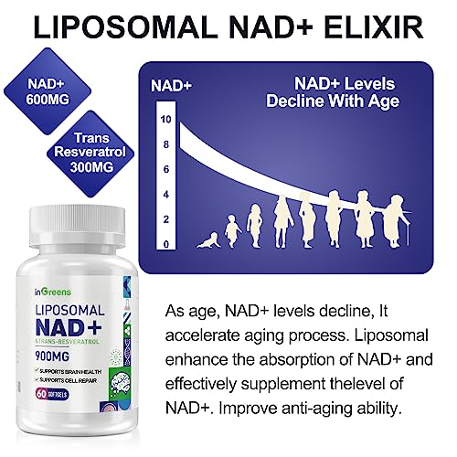 inGreens 900mg Liposomal NAD+ Supplement with 300mg Trans Resveratrol - Superior Absorption, Replaces NMN, Boost NAD+ for DNA Repair, Energy & Longevity, Aging Defense, 60 Softgels inGreens uk supplements