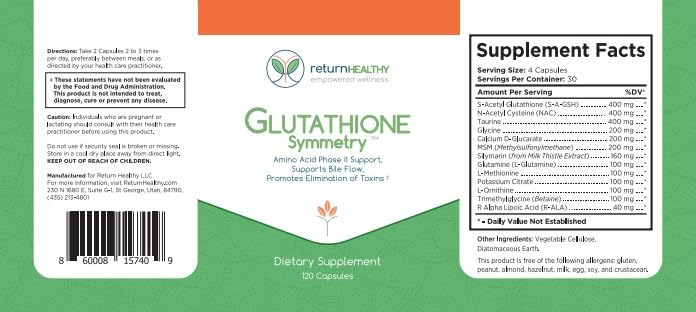 Return Healthy Glutathione Symmetry | S-Acetyl Glutathione Supplement | Antioxidants & Detoxification Supplement | Natural Cellular Support | All-Natural, Vegan, Non-GMO, 120 caps Return Healthy uk supplements