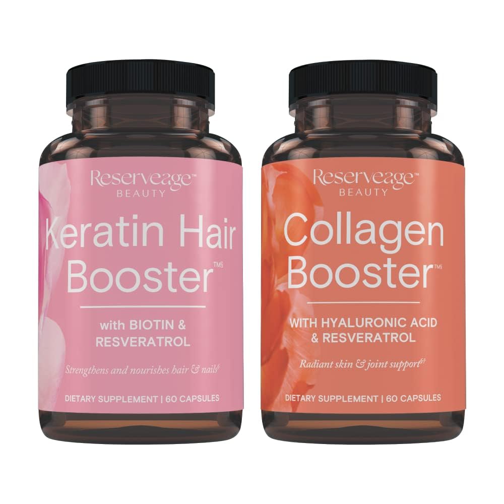 Reserveage Ultra Collagen Booster & Keratin Hair Booster - Features Dermaval, Biotin & Resveratrol - Support Hair & Skin - 60 Ultra Collagen Capsules, 60 Keratin Capsules Reserveage Nutrition uk supplements