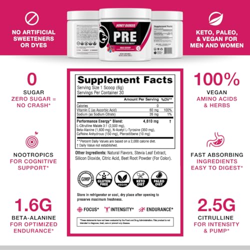 Honey Badger Pre Workout Powder, Keto Vegan Preworkout for Men & Women with Vitamin C Honey Badger uk supplements