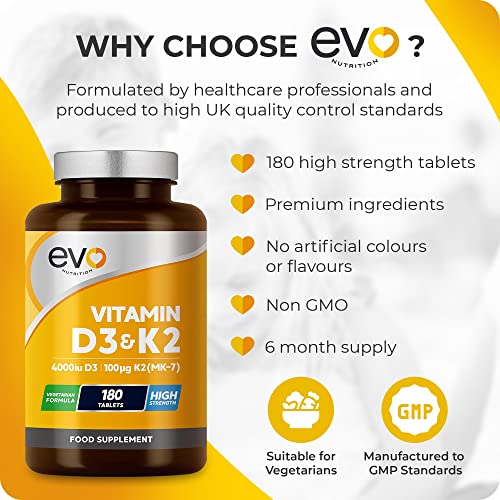 Vitamin D3 4000iu & Vitamin K2 100ug (MK7) |180 Vegetarian Tablets | 1-A-Day | 6 Month EVO NUTRITION uk supplements