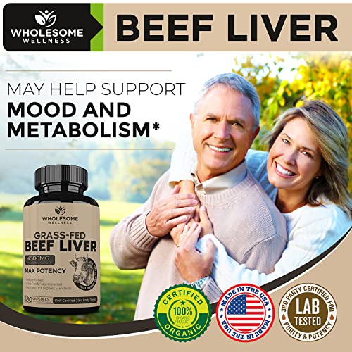 Grass Fed Desiccated Beef Liver Capsules (180 Pills, 750mg Each) - Natural Iron, Vitamin A Wholesome Wellness uk supplements