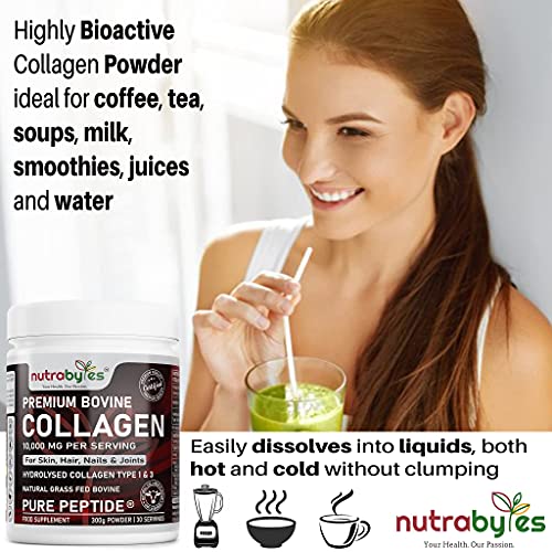 Pure Hydrolysed Collagen Powder 10000mg Bovine Type 1 & 3 Unflavoured|High Strength Protein Peptides for Women & Men NUTRABYTES uk supplements