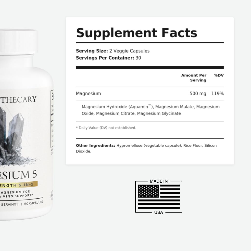 Magnesium Complex Supplement - 5 Forms Citrate Glycinate Malate Oxide Aquamin - Multi Magnesium Blend - High Absorption Chelated - Essential Mineral - Non-GMO Gluten-Free - 60 Capsules Dear Apothecary uk supplements