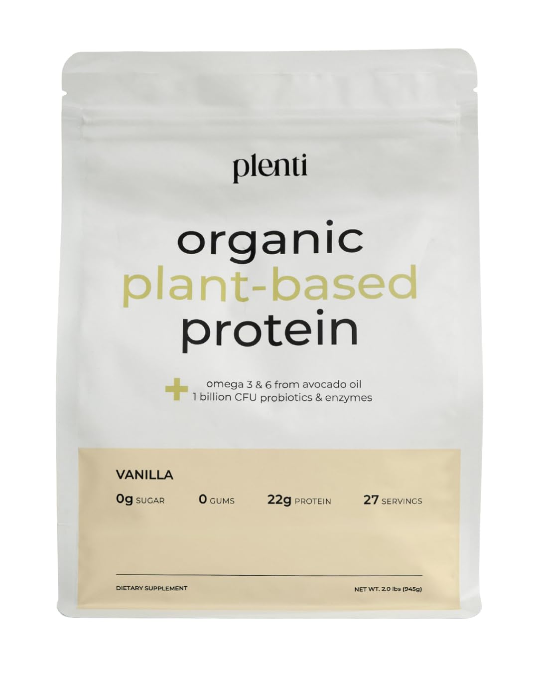 plenti Organic Plant-Based Protein Powder: Vanilla - 20g Pea Protein + Probiotics, Digestive Enzymes & Omega 3-6, Gut Friendly, Sugar Free, 27 Servings (2 lbs) plenti uk supplements