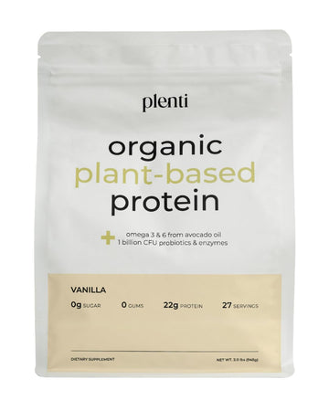 plenti Organic Plant-Based Protein Powder: Vanilla - 20g Pea Protein + Probiotics, Digestive Enzymes & Omega 3-6, Gut Friendly, Sugar Free, 27 Servings (2 lbs) plenti uk supplements