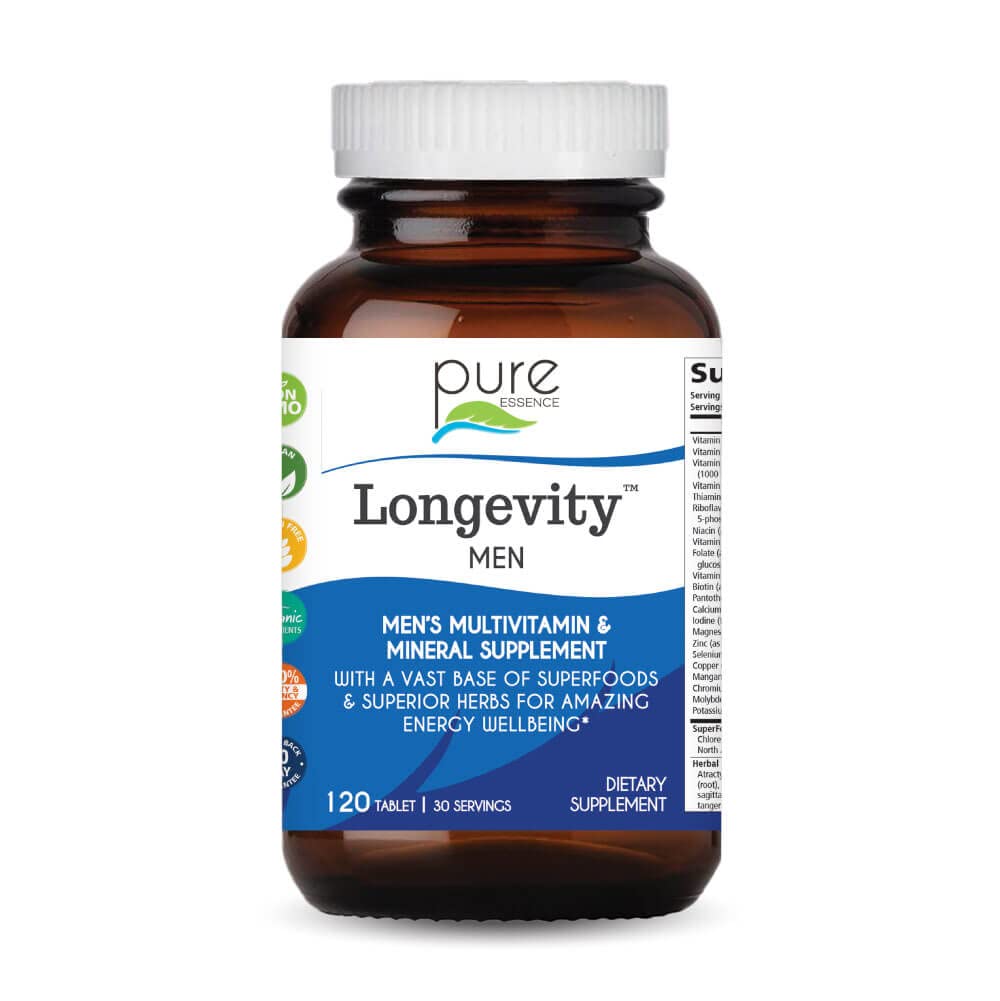 PURE ESSENCE LABS Longevity Multivitamin for Men Over 40 - Super Energetic with Superfoods, Minerals, Enzymes, Vitamin D3, B12, Biotin - 120 Tablets PURE ESSENCE LABS uk supplements