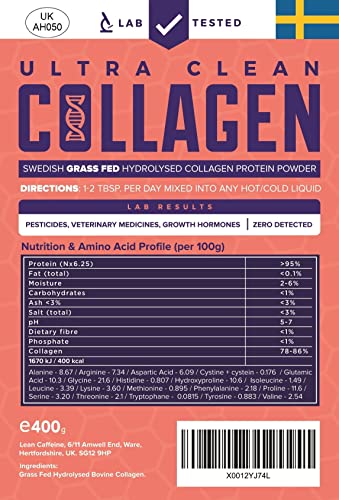 Clean & Pure Collagen Powder, Lab Tested Bovine Peptides with No or Zero Growth Hormones, Pesticides or Vet Meds - 400g Lean Caffeine uk supplements