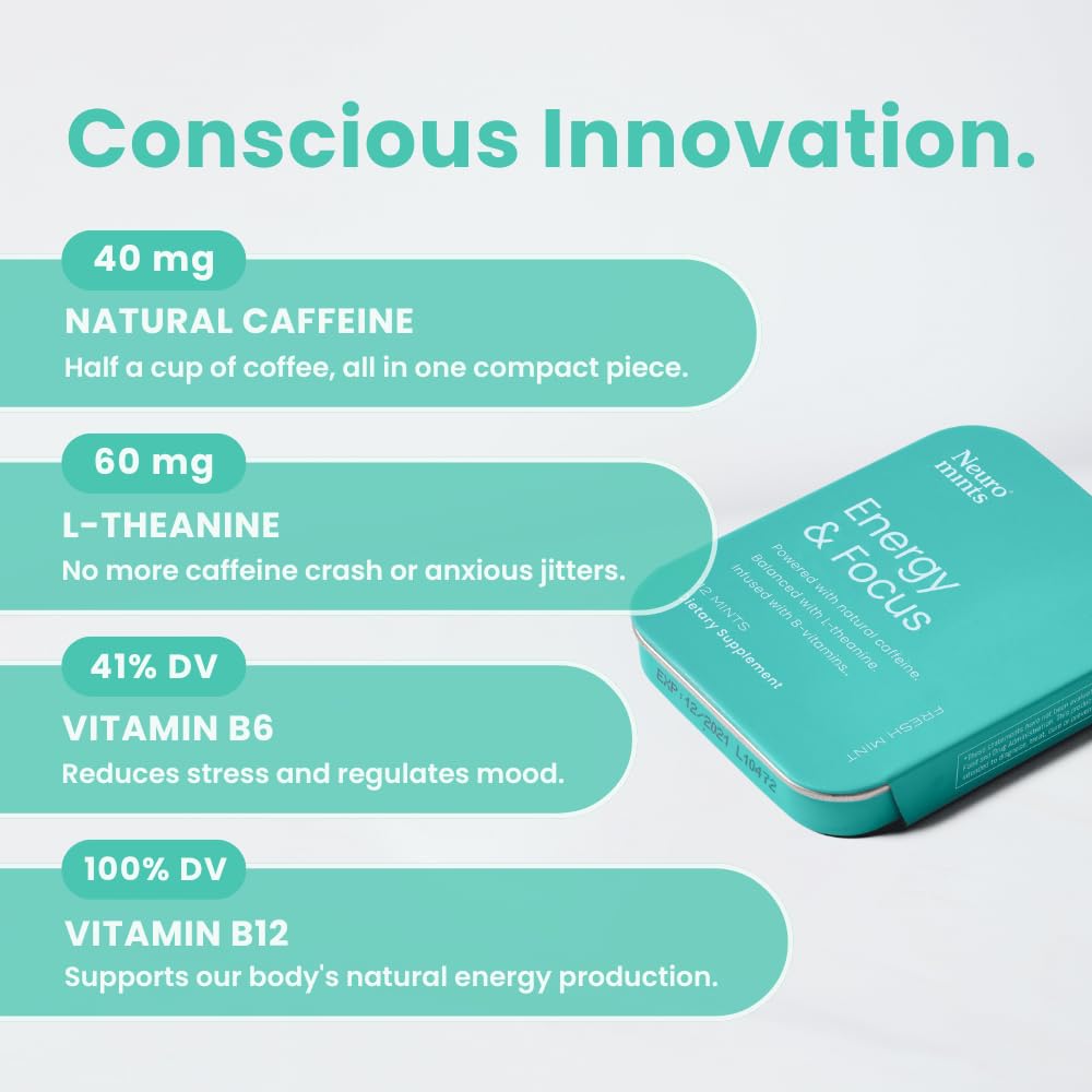 Neuro Energy & Focus Mints - Sugar Free Breath Mints with 40mg Natural Caffeine, B Vitamins & L-Theanine - Vegan Brain Supplement for Exercise, Study & Daily Focus - Peppermint, 12 ct Neuro uk supplements