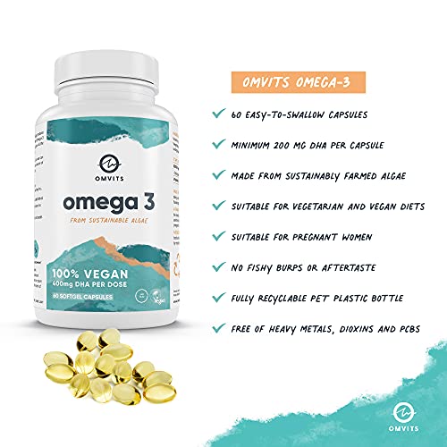 Omvits Vegan Omega 3 DHA from Algae Oil 1000mg - 60 Softgel Capsules with Vitamin E Omvits uk supplements