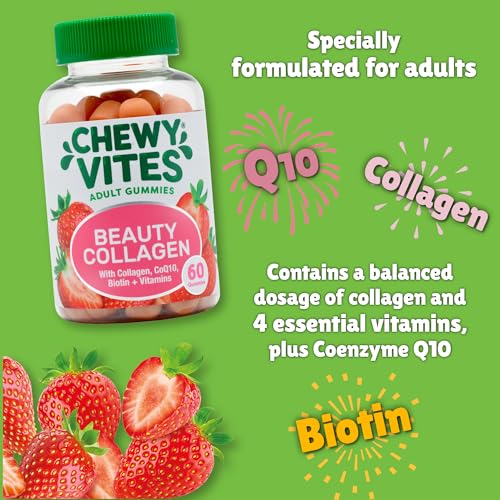 Chewy Vites Beauty Collagen 60 Gummy Vitamins |Hydrolised Collagen, CoQ10, Biotin + Vitamins | 1 Month Supply | Real Fruit Juice | Berry Flavour | 2-a-Day | CHEWY VITES uk supplements