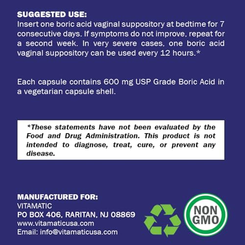Vitamatic Boric Acid Vaginal Suppositories 600 mg USP Grade Boric Acid in Vegetarian Capsule Shell - 60 Count Vitamatic uk supplements