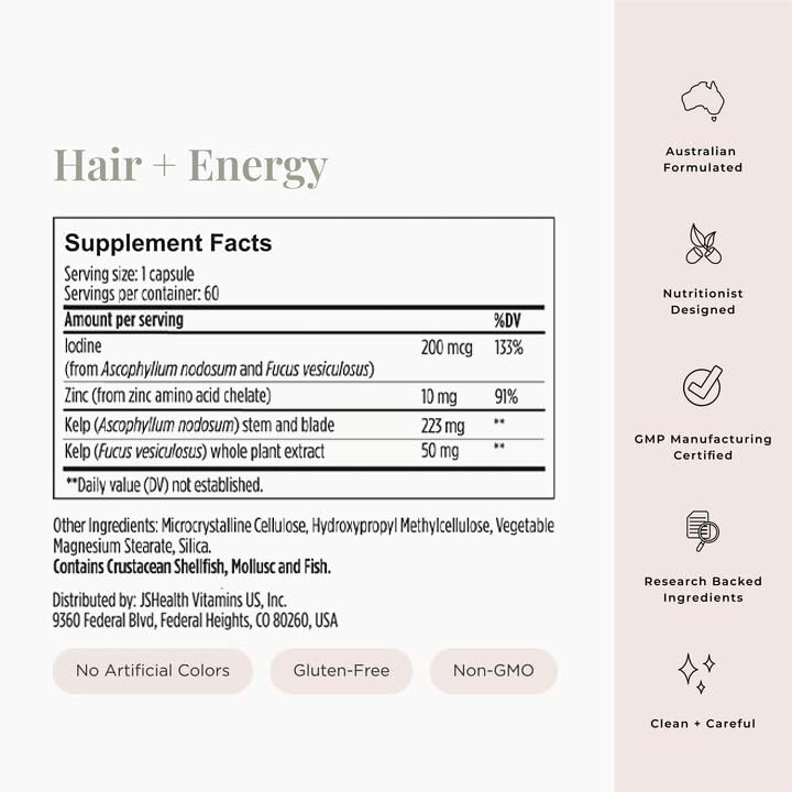JSHealth Hair Growth Vitamins for Women. Hair + Energy with Kelp Iodine and Zinc. Supports Thickness, Strength, Energy. Nutritionist-Formulated (60 Capsules) JSHealth uk supplements