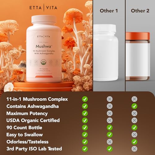 USDA Organic Lions Mane Supplement Capsules with Ashwagandha, Chaga, Reishi, Cordyceps Etta Vita uk supplements