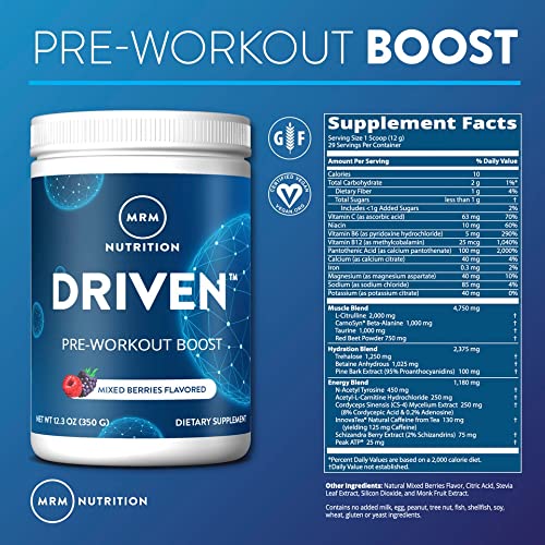 MRM Nutrition Driven Pre-Workout Powder | Mixed Berry Flavored | 125mg Caffeine | Pure MRM uk supplements