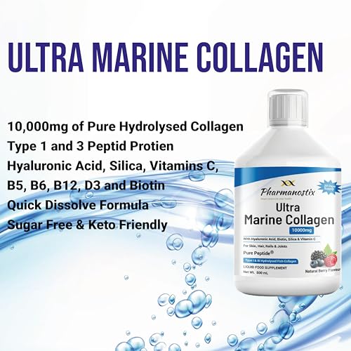 Marine Collagen Liquid 10000mg Sugar Free Berry Flavour, Hydrolysed Peptides, Hyaluronic Acid, Biotin, Silica, Vitamin C, Healthy Skin Pharmanostix uk supplements